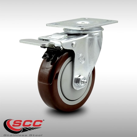 Service Caster 4 Inch SS Maroon Polyurethane Top Plate Caster with Total Lock Brake SCC SCC-SSTTL20S414-PPUB-MRN